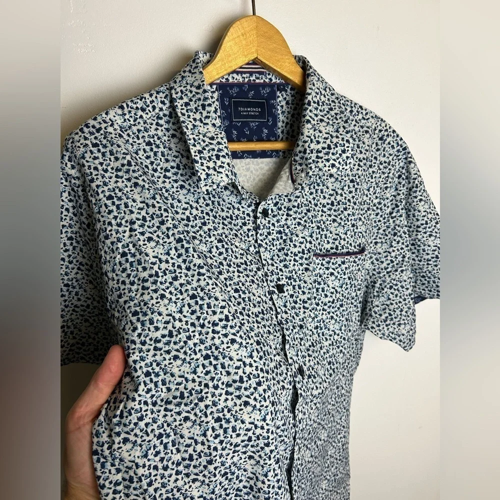 7 Diamonds 4 Way‎ Stretch Men's Blue Patterned Shirt Short Sleeve Size XL Button